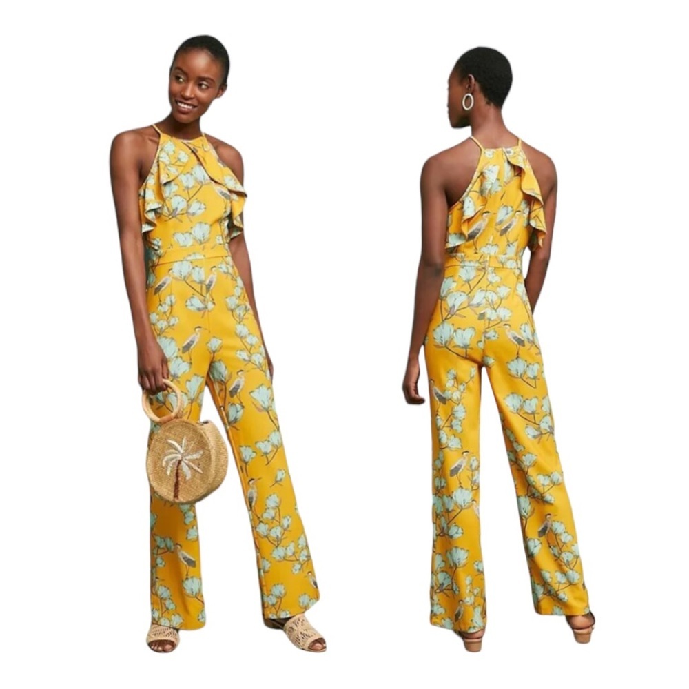 NEW Anthropologie Varun Bahl Warbler Yellow Boho Sleeveless Jumpsuit Womens 6